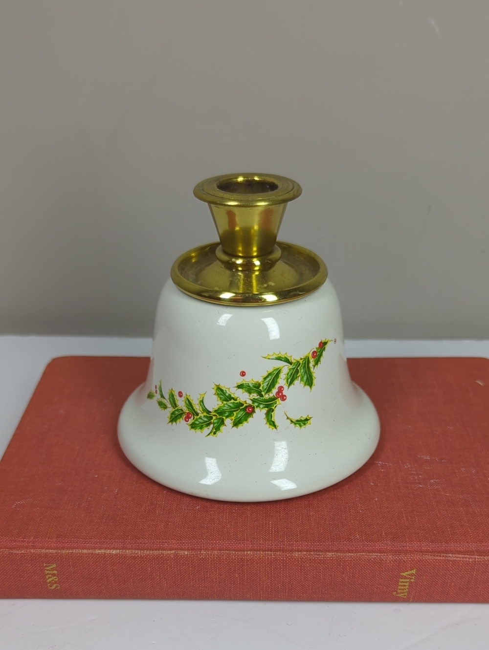 Vintage Teleflora Christmas Holly Bell Ceramic & Brass Candle Holder
